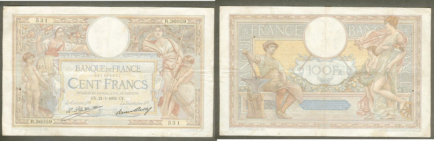 100 Francs LUC OLIVIER MERSON grands cartouches FRANCE 21.7.1932